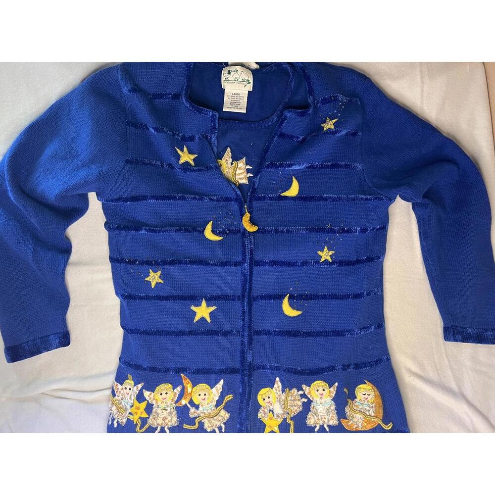The Quaker Factory‎ Blue Knit Cardigan Set with beaded Angels and Moons